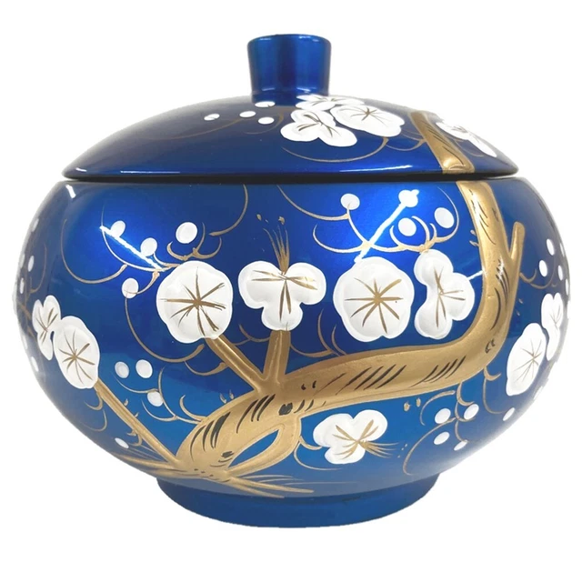 Decorative Wooden Blue Bowl With Lid Lacquered & Inlaid White Flower Egg-Shell
