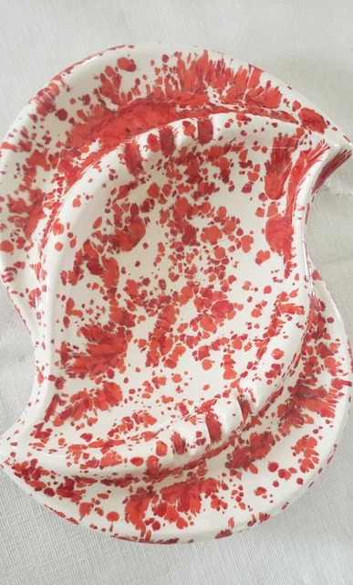 MCM 50's Bowl Dish Ashtray White Red  Splashes Speckle Ceramic VTG 9x7" signed