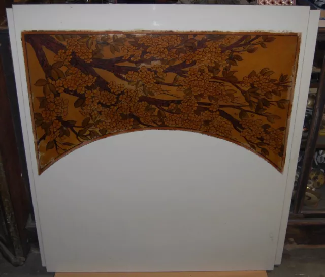 Large Pair Vitrolite Glass Panels Etched Painted Cherry & Dogwood Tree Art Deco