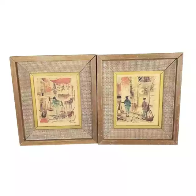 Set of 2 IBF Co Mid Century Hong Kong Art Print in Wood Framed, signed Russell