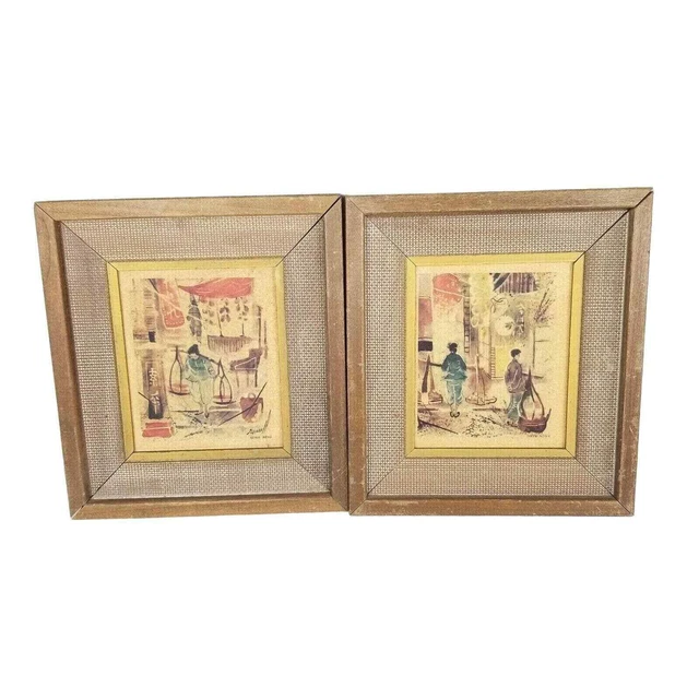 Set of 2 IBF Co Mid Century Hong Kong Art Print in Wood Framed, signed Russell