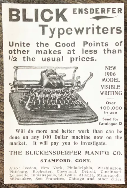 New 1906 Model Visible Writing BLICKENSDERFER Typewriter Vtg Office Art Print Ad