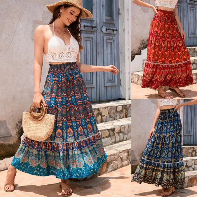 Gonne Da Donna Gonna Boho A Pieghe Maxi Lunga Da Spiaggia Lady Beach Abito ▼