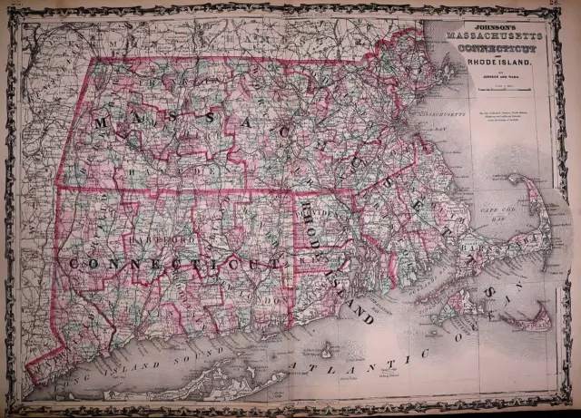 1863 Map ~ MASSACHUSETTS, CONNECTICUT, RHODE ISLAND ~ Johnson Map (18x27)-#022