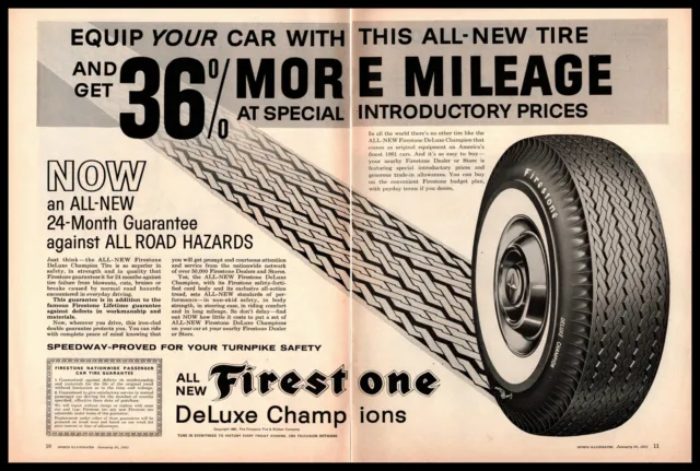 1961 Firestone DeLuxe Champion Speedway-Proved 24 Month Guarantee Tires Print Ad