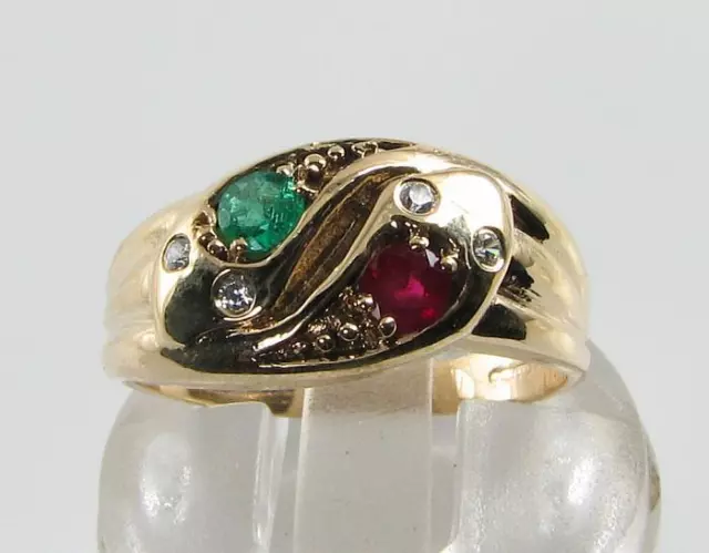 9K 9Ct Gold Ruby Emerald Diamond Double Snake Art Deco Ins Ring Free Resize