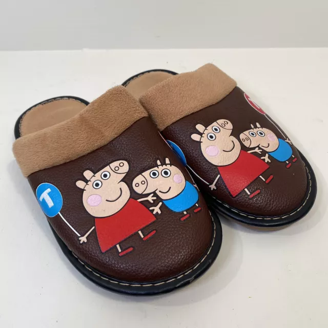 PEPPA PIG DBT Brown Faux Leather Plush Trim Rubber Bottom Slippers Us Size 1Y