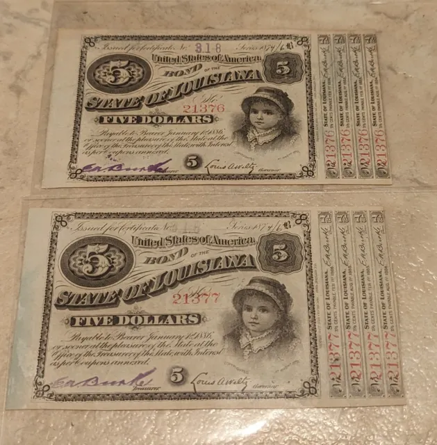 Louisana Baby Bond $5 Dollar 1870's 2 Consecutive Serial Numbers Lot!!!!