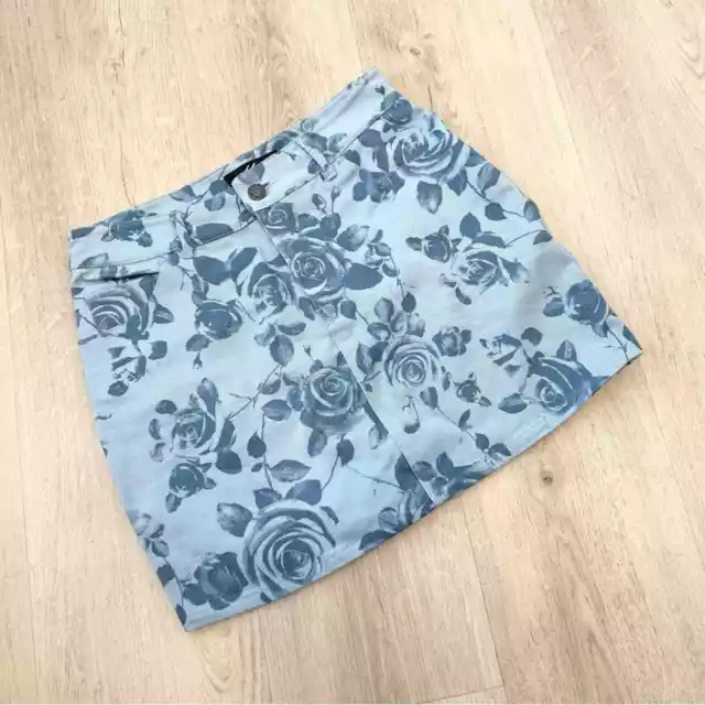 MOTEL ROCKS Blue Denim Floral Stretch Mini Skirt, S