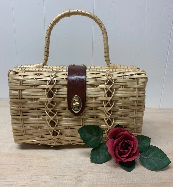 VINTAGE NATURAL STAIN Rattan Wicker Weave Basket Purse 1950s Made In