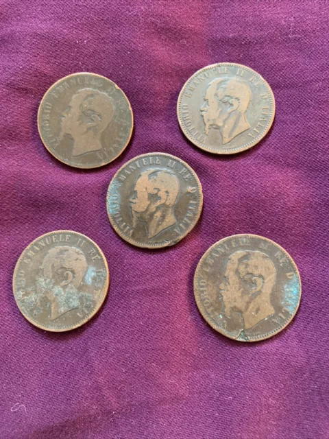 Lot de 5 Pièces 10 Centesimi Italie 1866 cuivre VITTORIO EMANUELE II