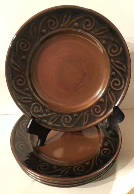 Maya by Lynns Salad Plate Stoneware Tikal Black Brown Scrolls VINTAGE SET OF 4