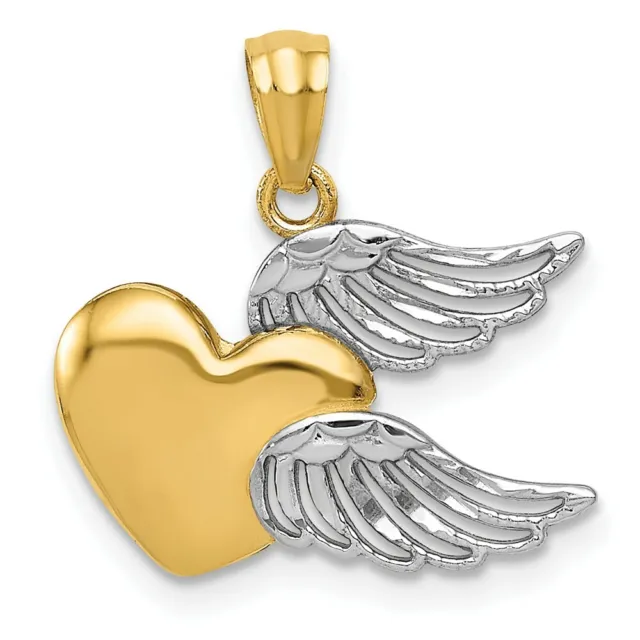 14k Yellow Gold White Heart Wings Pendant Charm Love Angel Fine Jewelry Women