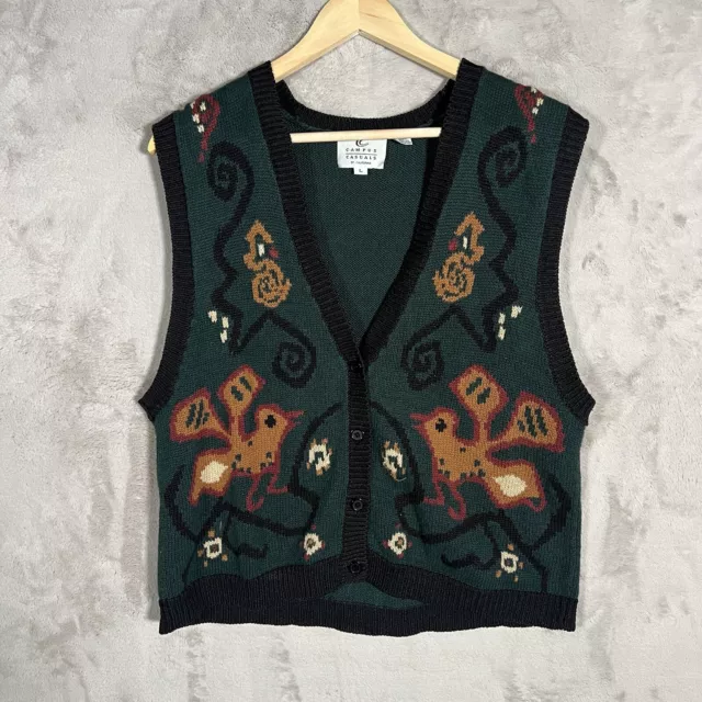 Campus Casuals of California Knit Vest Womens Large Green Birds Vintage Ramie