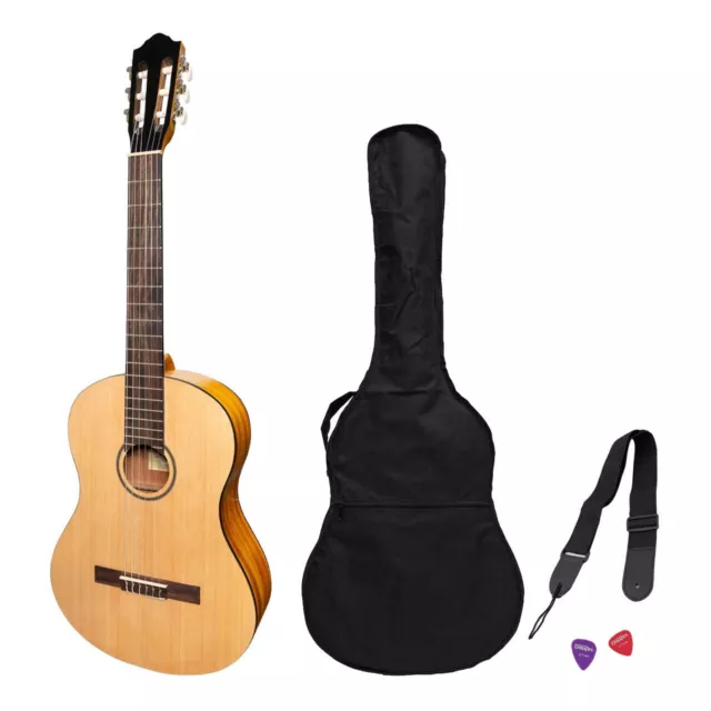 Martinez Full Size Student Classical Guitar Pack with Built In Tuner (Spruce/Koa