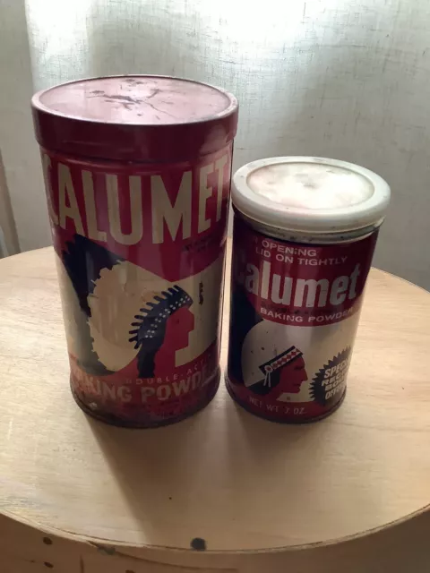 Vintage CALUMET 1 lb and 1/2 lb Baking Powder Tin Cans with Lids. lot of 2