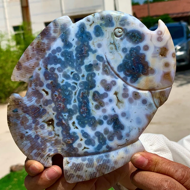 345G  Amazing Natural Ocean Jasper Crystal Carved Fish Jasper Halo Stone 18