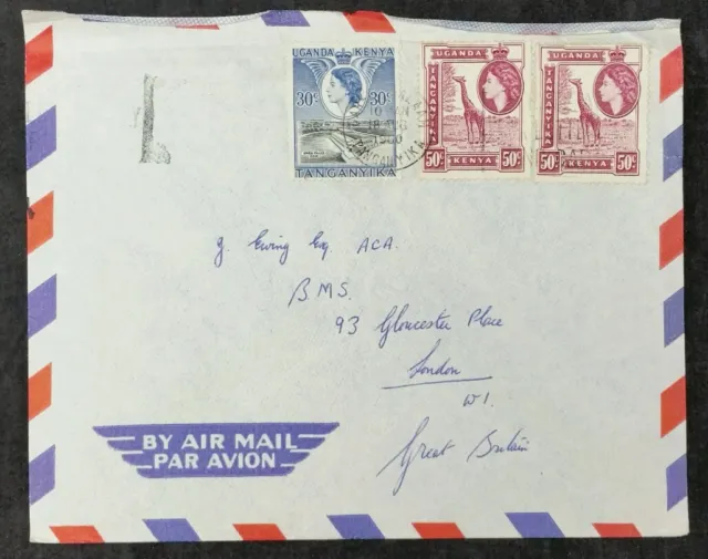 1960 QE2 KUT Tanganyika courrier aérien à Gloucester Place, Londres, Royaume-Uni, 2 x 50c & 30c