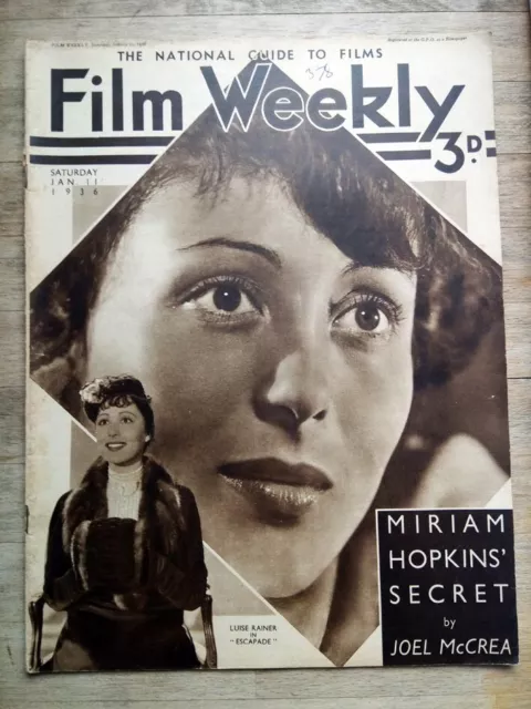 Film Weekly magazine 1936 - Luise Rainer, Miriam Hopkins, Peter Lorre