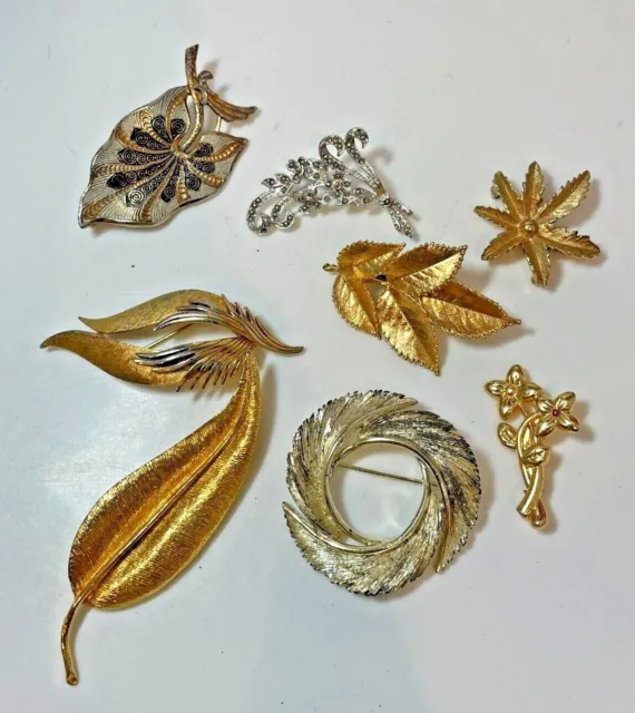 Vintage or Argent Ton Faux-Diamants Feuille Feuilles Plume Broche Lot 8pc L2 .3