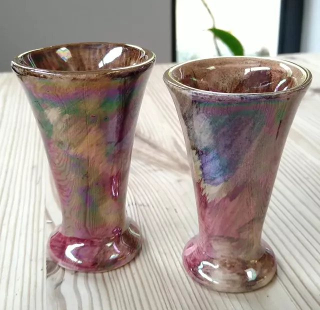 Oldcourt Ware English Small Pink Lustre Handpainted Watercolour Bud Vases 1950s