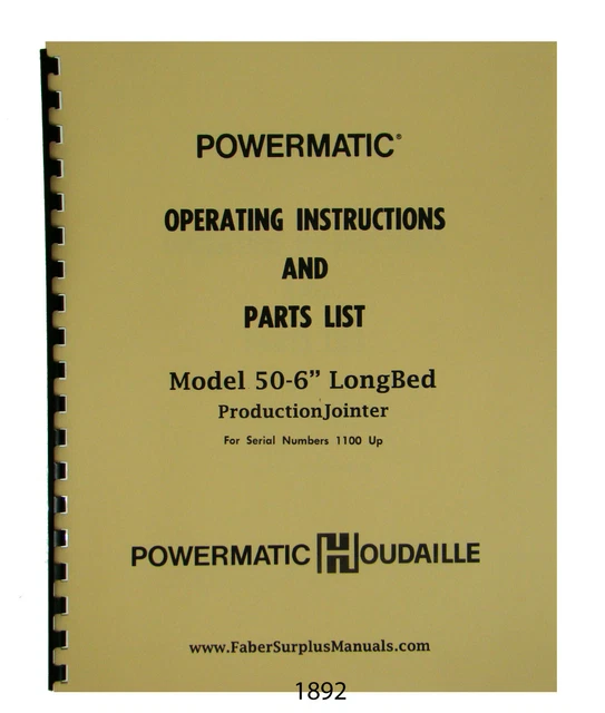 POWERMATIC 6& JOINTER Model 60 s/n 1100 up Operator & Parts List Manual