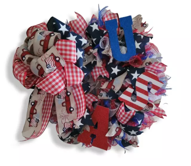 USA Patriotic Deco Mesh & Burlap Ribbon 4th of July Wreath