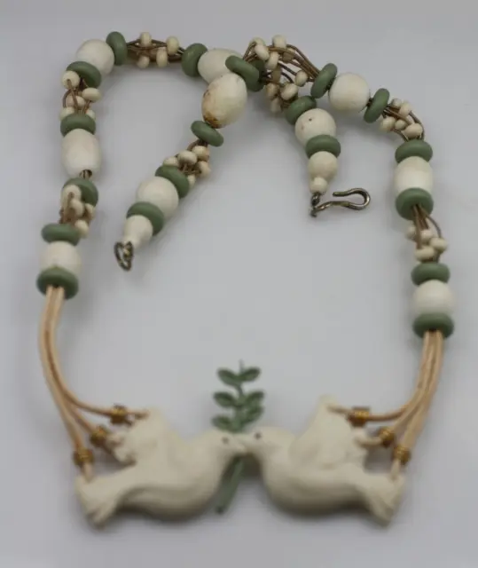 Vintage HEF 88 polymer clay Doves beaded necklace strand white green needs clean