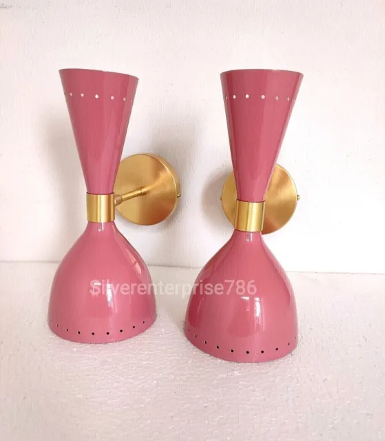 Mid Century 50's Brass Italian pink Diabolo Wall Sconce Light Fixture Lamp SC