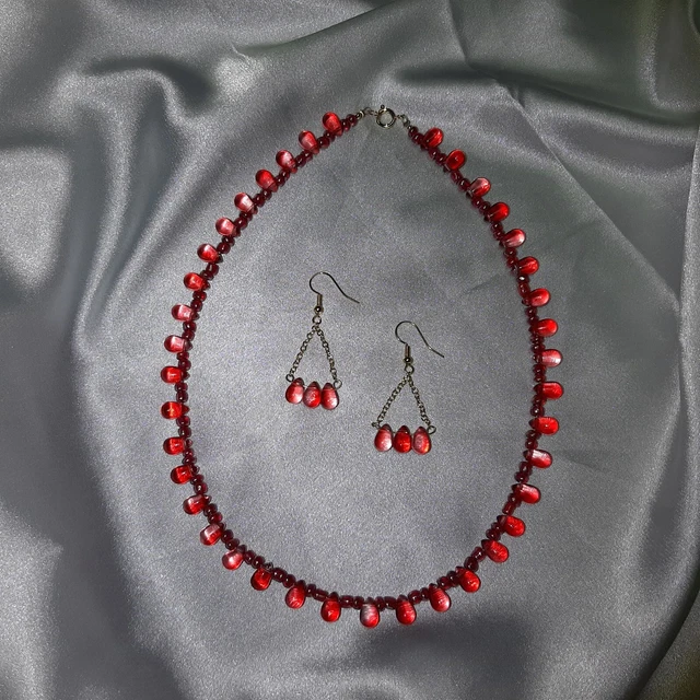 Parure Bijoux Nacre Et Perles Bleues – Collier Ras De Cou + Boucles D’oreilles – Neuf Sans Emballage