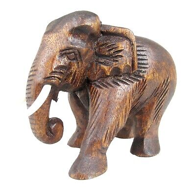 Wood Elephant Statue Hand Carved Wooden Figurine Lucky Trunk Up Sculpture  5.5"