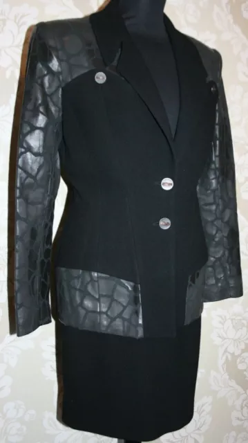 90s VINTAGE HAUTE COUTURE TERRY PARIS Skirt-Suit 100% Wool-Leather Jacket Black*