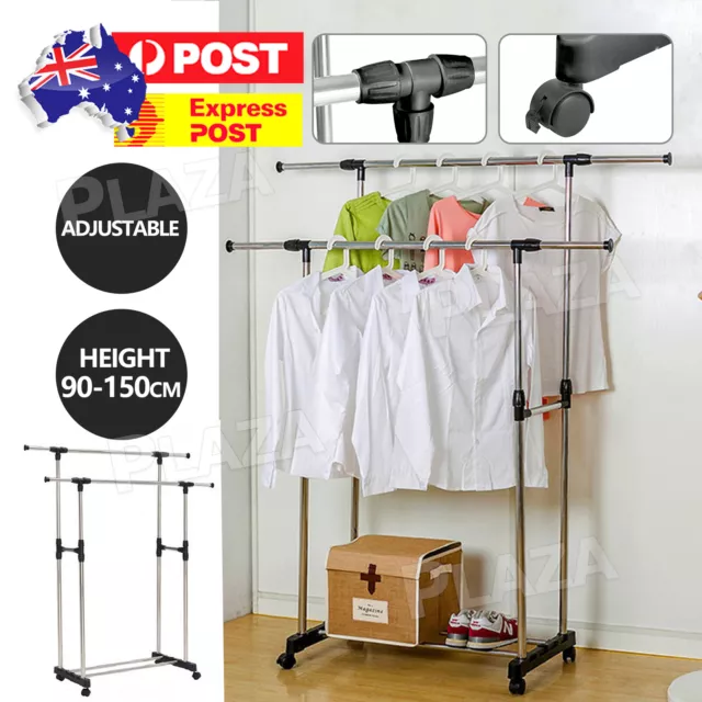 Clothes Rack Double Stainless Shelf Hanger Garment Holder Adjustable Coat AU