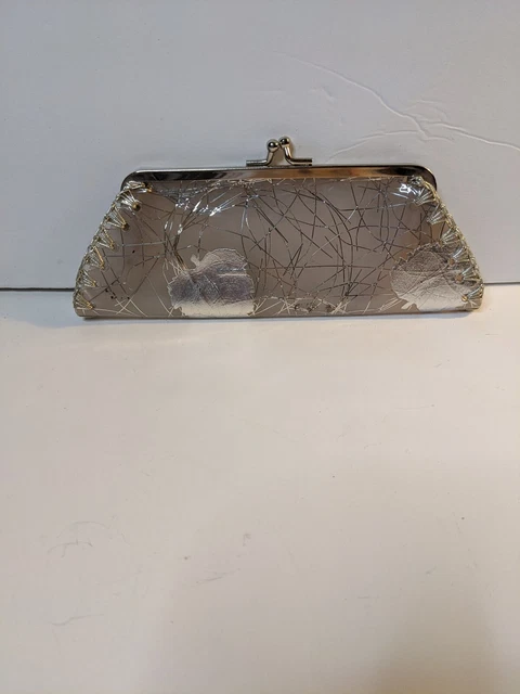 Vintage 1960s Boho Chic Clear & Silver Leaves Abstract Comestic / Change Purse