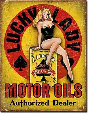 Lucky Lady Motor Oil Pin Up 12.5" x 16" Tin Sign - T1998