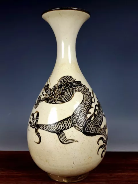 11" Old China Song CiZhou Kiln Porcelain Dynasty Drgaon Totem Zun Vase Bottle