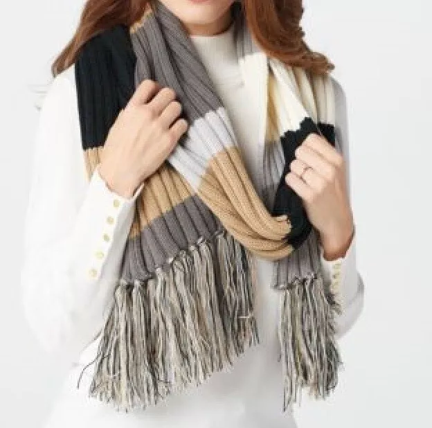 Isaac Mizrahi Color-Block Stripe Long Knit Scarf- NEUTRAL, ONE SIZE