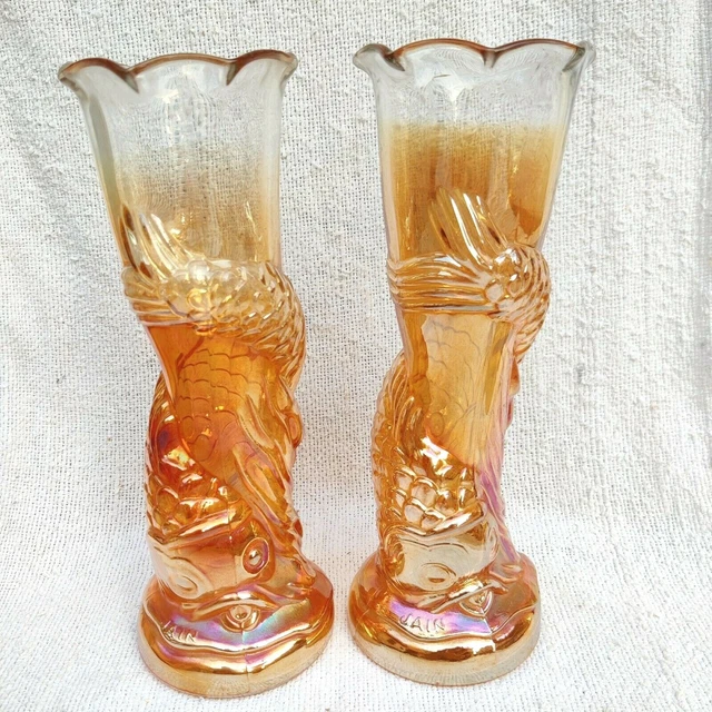 Vintage Flower Vase Pair Carnival Glass Marigold Fish Design 9.7 Decorative GV95
