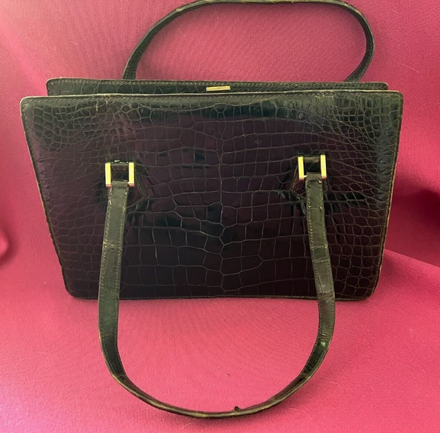 Sac à Main Vintage BERMA En Cuir Lézard Marron - Largeur 33 Cm, Fabrication Française