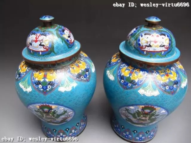 Royal Copper cloisonne enamel Two Dragon General Jar Tank pot Vase pair 3