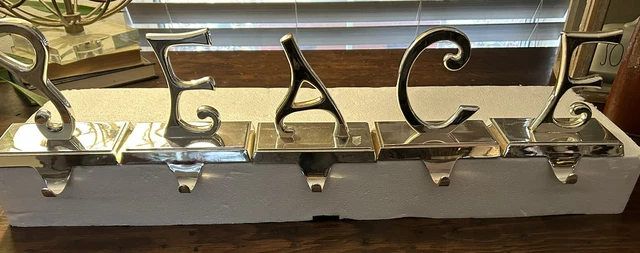 Pottery Barn Stocking Holder Hangers Silver PEACE Set Of 5 Metal Letters Heavy