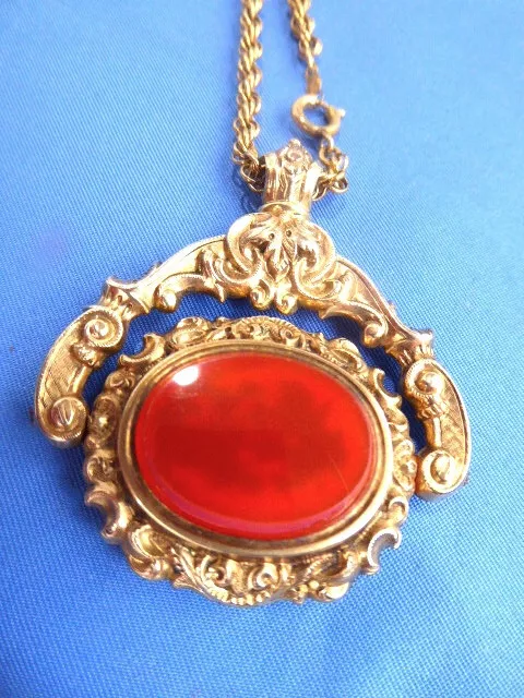 Stunning Georgian Large 2"  Carnelian Gold Filled Flip Watch Fob Necklace