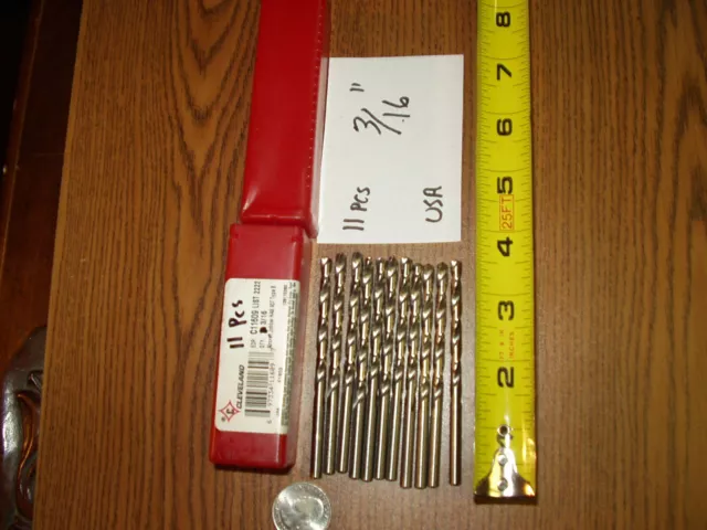 NEW 11 Piece Set of Cleveland 3/16'' Straight Shank Twist Drill Bits Made in USA