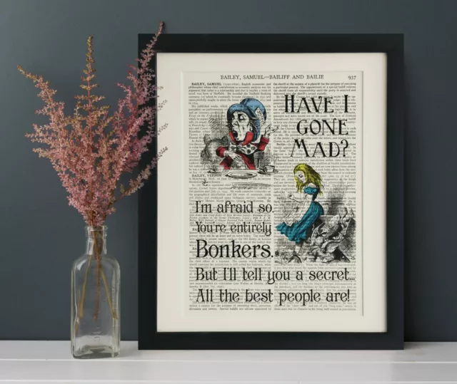 Vintage Book Page Art Print, ALICE IN WONDERLAND, Dictionary Art Bonkers Quote