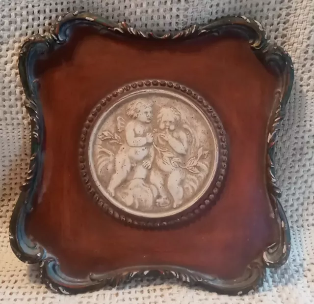 Antique Uniq Palladio Italian Putti Cherub Hanging Plaque. Mixte Wood & Plaster