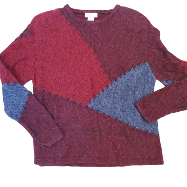 VINTAGE 90S WOMENS Patchwork Sweater Red Blue Ramie Cotton Crewneck Sz ...