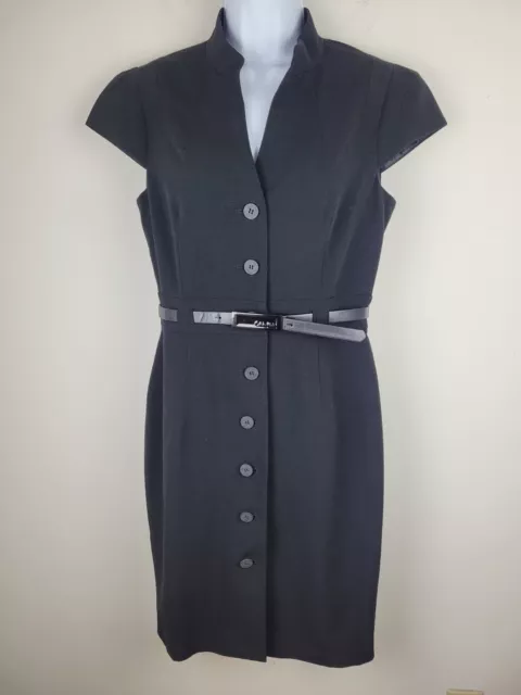 Calvin Klein Dress 8 Black Belted Cap Sleeve Sheath Button Front Lined Preppy