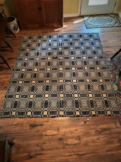 Early 19th Century Hand Woven Coverlet Indigo Blue and Tan