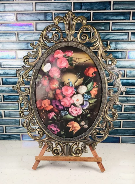 Vintage Oval Brass Metal Frame W/Convex Bubble Glass Floral Picture Victorian