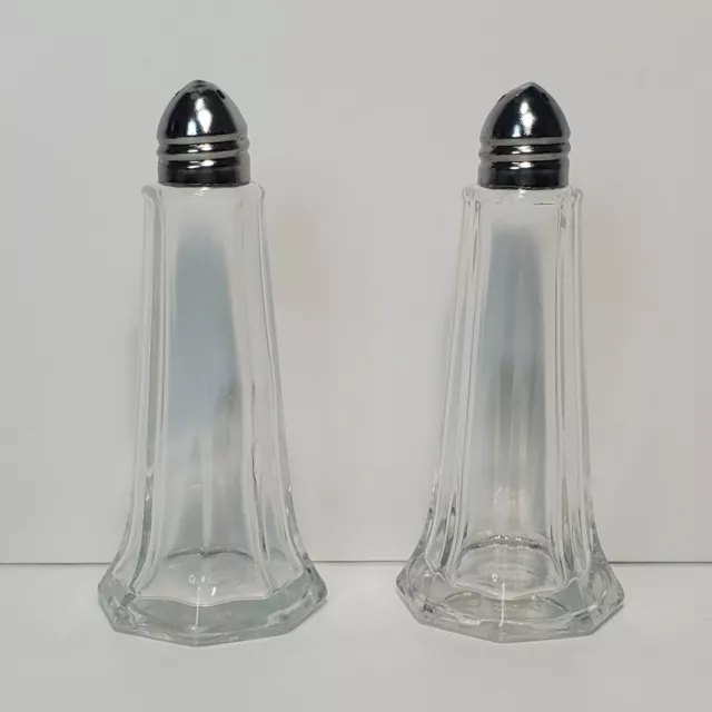 Vintage Tower Style Glass Salt and Pepper Shakers with Silver Lids Made in USA.